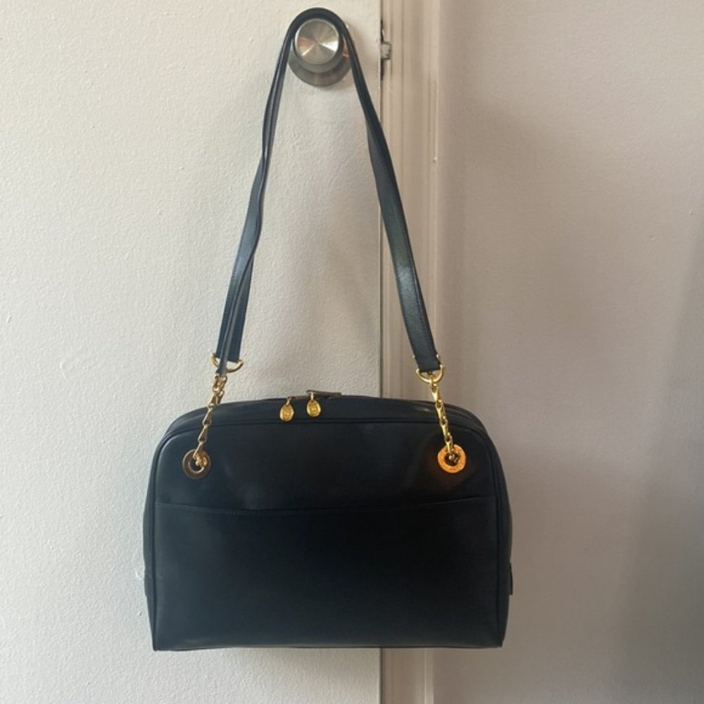 Celine Navy Blue Leather Shoulder Bag with Gold Tone Hardware